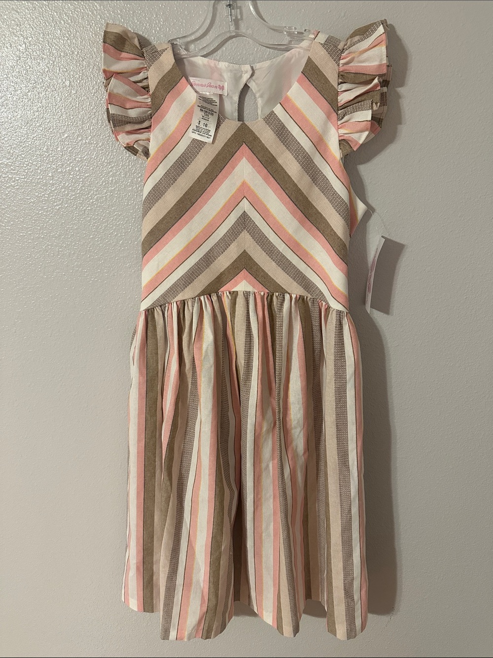 Bonnie Jean Pink, Tan & White Striped Flutter-Sleeve Dress